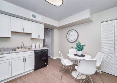 A well-designed kitchen with pristine white cabinets and chic black appliances, offering a striking contrast and modern appeal.